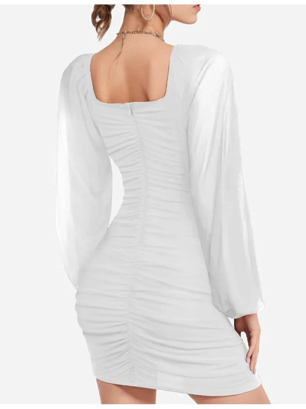 👗 Women's White Long Sleeve Square Neck Ruched Party Cocktail Bodycon Dress